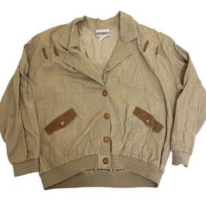 Vintage 80s Jacket Tan Brown Suede‎ Accents Gold Embroidery Ribbed Waist